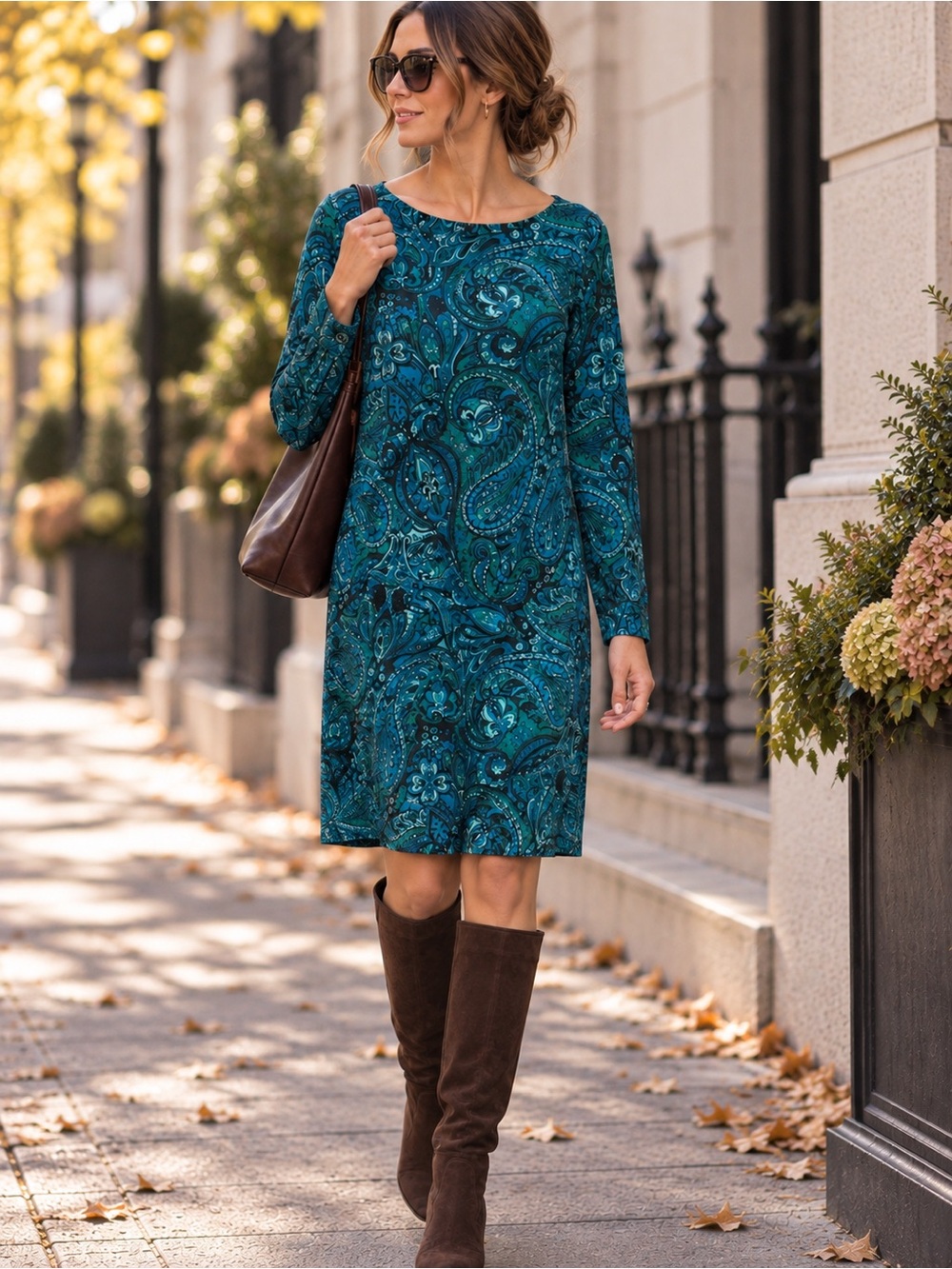 Banana Republic Paisley Shift Dress Teal Blue Long Sleeve Silk Cotton Medium